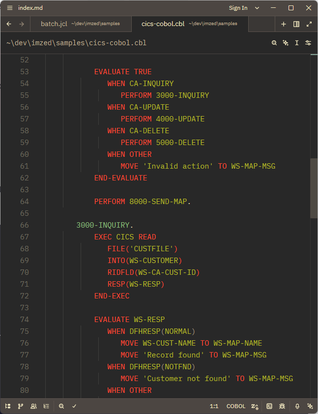 COBOL with embedded CICS in Zed