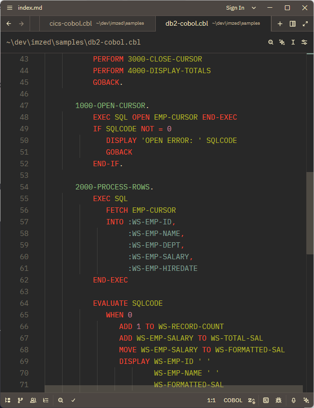 COBOL with embedded DB2 SQL in Zed