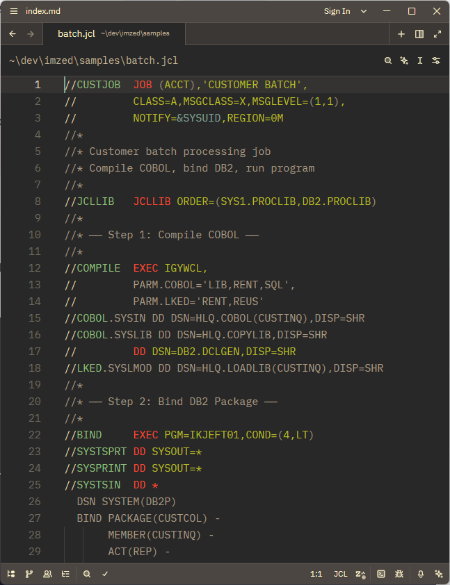 JCL syntax highlighting in Zed